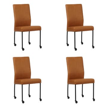 Set van 4 Leren eetkamerstoelen Comfort met wieltjes -, Ophalen of Verzenden, Nieuw, Leer
