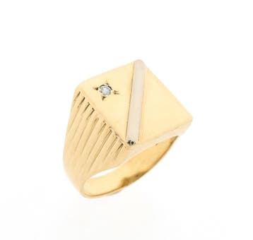 Vintage gouden zegelring met diamant 0,05 ct., Gebruikt, 20 of groter, Heer, Ophalen of Verzenden