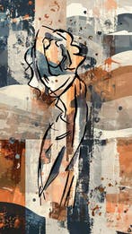 Semi abstract - terracotta blauw en zandkleur - gesture, Verzenden