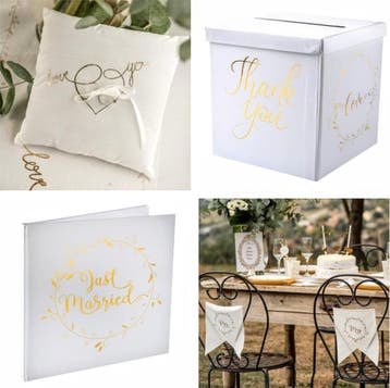 5-delige bruidsset Just Married wit met goud XL, Verzenden, Nieuw, Versiering, Geboorte of Huwelijk