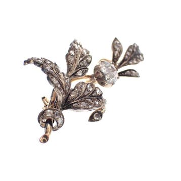 Antiek goud met zilveren broche met diamanten; ca. 1.00 ct., Gebruikt, Ophalen of Verzenden, Met edelsteen, Zilver
