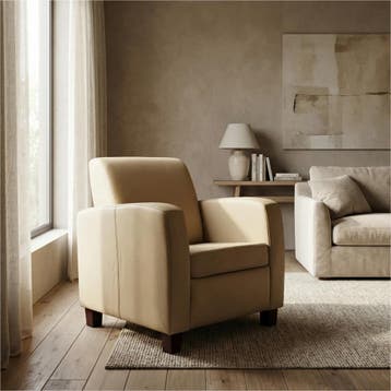 Leren fauteuil Joy - Toledo Kalahari (bruin) - Poten hout, Nieuw, Ophalen of Verzenden, Eigentijds, Klassiek, Modern, 50 tot 75 cm