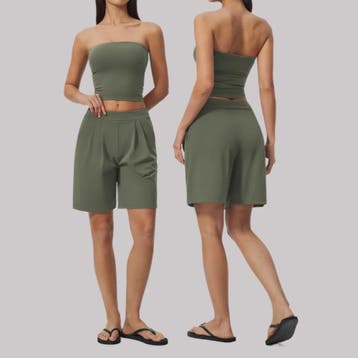 Dames Yogaset 2-delig: Strapless Crop Top & Plissé Shorts vo, Verzenden, Nieuw