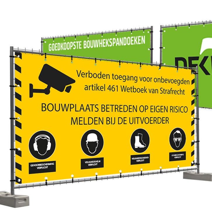 Bouwhekdoeken bouwplaatsregels ontwerp 2 335x174 cm, Diversen, Vlaggen en Wimpels, Nieuw
