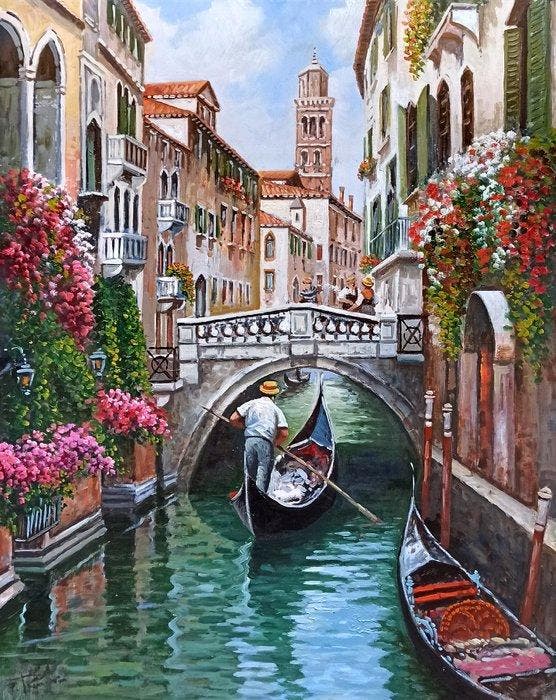 Francesco Tammaro (1939) - Flowers on the canal - Venice, Antiek en Kunst, Kunst | Schilderijen | Klassiek