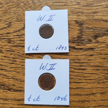 Nederland. Willem II. 1/2 Cent 1843 en 1846 (Zonder