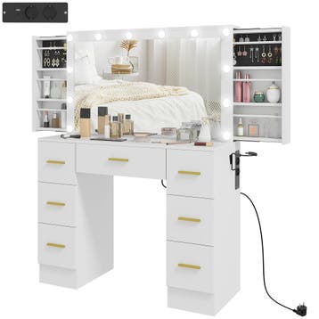 TRUUSK Kaptafel Met Spiegel en 12 LED-lampen - 7 Laden - 6 V, Verzenden, Nieuw