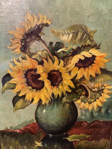 Katie Muller (XX) - Zonnebloemen in vaas, Antiek en Kunst, Kunst | Schilderijen | Klassiek