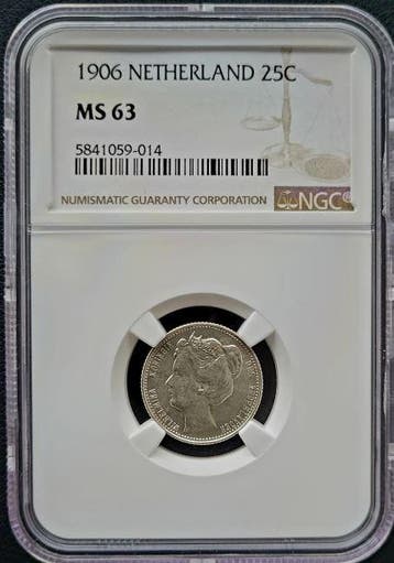 Koningin Wilhelmina 25 cent 1906 MS63 gecertificeerd NGC, Verzenden, Zilver, 25 cent, Koningin Wilhelmina
