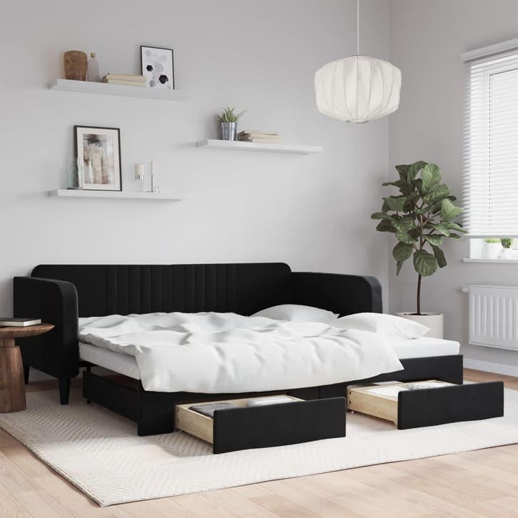 vidaXL Slaapbank met onderschuifbed en lades 100x200 cm, Huis en Inrichting, Slaapkamer | Bedden, 100 cm, 200 cm, Zwart, Eenpersoons