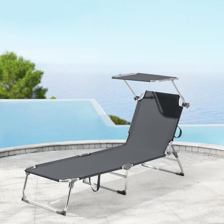 Ligbed met luifel Legorreta 189x57x28 cm tot 115 kg donkergr, Tuin en Terras, Tuinsets en Loungesets, Verzenden