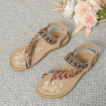 Bohemian Bloemen Sandalen Dames – Platte Strand- en Zomersli, Ophalen of Verzenden, Nieuw, Maat 38/40 (M), Bruin