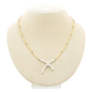 Bicolor gouden staafjes collier met vaste hanger en diamant, Sieraden, Tassen en Uiterlijk, Gebruikt, Ophalen of Verzenden, Met edelsteen