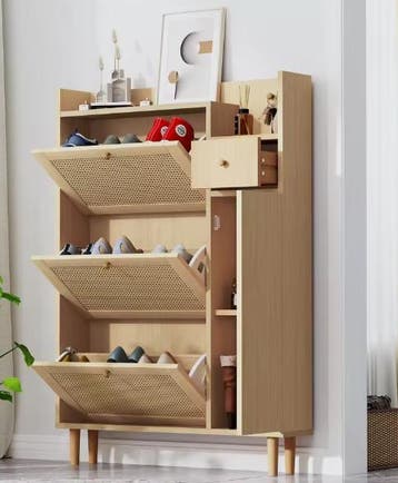 Schoenenkast met Rotan en 3 Kanteldeuren –Smal Model met Lad, Verzenden, Nieuw