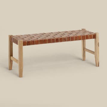 *WOONWINKEL* Houten Bankje Met Bruin Leer, Huis en Inrichting, Verzenden, Nieuw, Leer