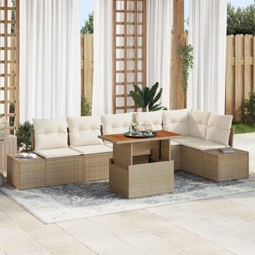 vidaXL Tuin Sofa Set 7 st Beige Poly riet, Verzenden, Nieuw, Rotan, 7 zitplaatsen