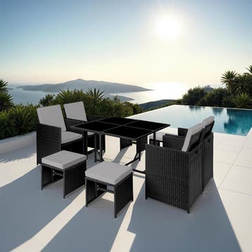 Wicker zitgroep Bilbao 4+4+1 met beschermhoes - zwart / grij, Tuin en Terras, Tuinsets en Loungesets, Verzenden, Nieuw