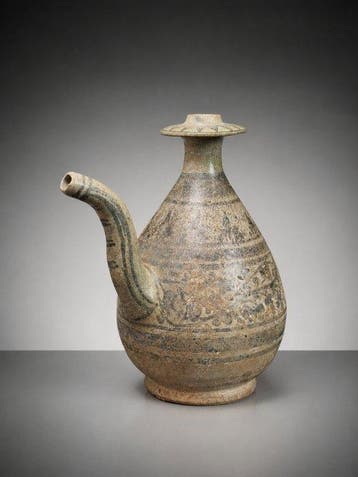 Steengoed Theepot - 20.5 cm - Zeldzame roomkan met lange, Antiek en Kunst
