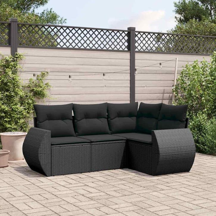 vidaXL 4-delige Loungeset met kussens poly rattan zwart, Tuin en Terras, Tuinsets en Loungesets, Loungeset, Nieuw, Verzenden