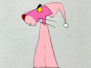 Friz Freleng - Originele animatiecel en tekening van De Roze, Nieuw in verpakking