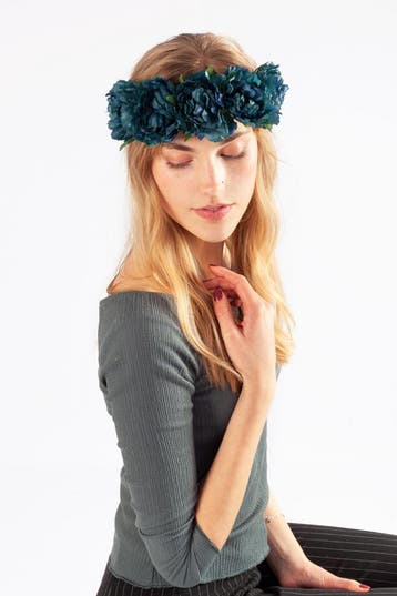 KIMU® Bloemenkrans Haar Pioenrozen Petrol Turquoise Bloemen, Ophalen of Verzenden, Nieuw, Carnaval, Accessoires