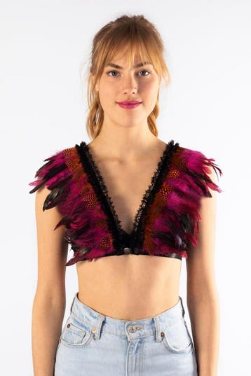 KIMU® Top met Veren Roze Oranje XS S M Verentop Kostuum Topj, Ophalen of Verzenden, Nieuw, Carnaval, Kleding