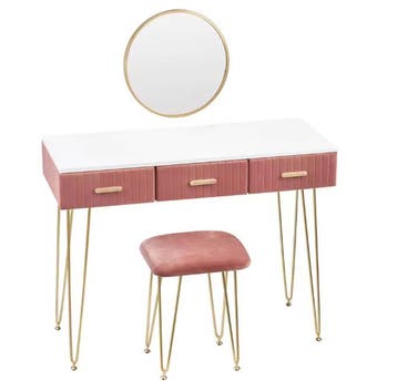 Kaptafel met Spiegel en Kruk – Roze Fluweel, 3 Lades, Metaal, Huis en Inrichting, Tafels | Kaptafels, Verzenden, Nieuw