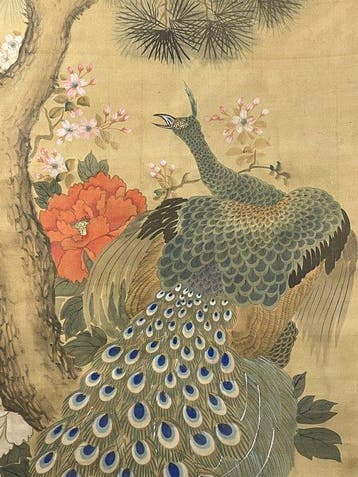 Peacock Scroll gesigneerd door Okamoto Shki, in doos -, Antiek en Kunst