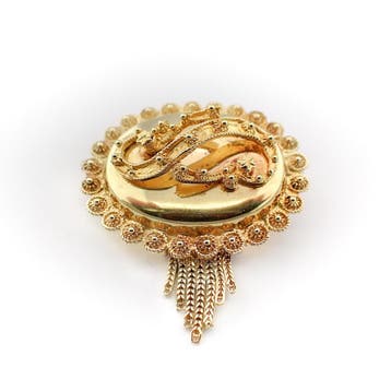 Antiek gouden S-broche met kwastje, Ophalen of Verzenden, Gebruikt, Overige kleuren, Goud