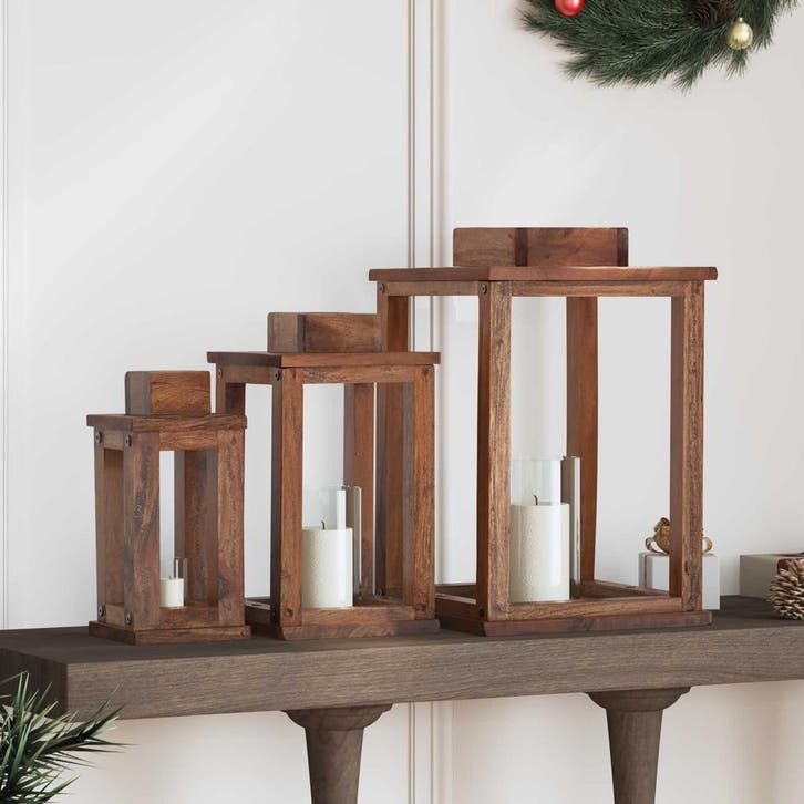 vidaXL Lantaarn 3 pcs Naturel Mahoniehout, Diversen, Kerst, Nieuw, Verzenden