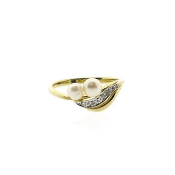 8 karaat ring met parel en diamant; 0,07 ct., Sieraden, Tassen en Uiterlijk, Ringen, 18 tot 19, Gebruikt, Geel, Ophalen of Verzenden