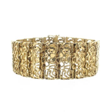 Gouden brede fantasie schakelarmband, Ophalen of Verzenden, Gebruikt, Goud, Goud