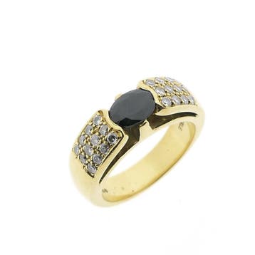 Gouden ring met saffier en diamant; 0,48 ct., 18 tot 19, Gebruikt, Overige kleuren, Ophalen of Verzenden