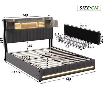 Dubbel Bed 140x200 cm met LED Hoofdbord, USB en Opberglades, Verzenden, Nieuw