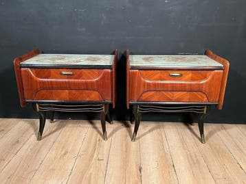 Nachtkastje - Hout, Marmer - Een paar vintage houten, Antiek en Kunst