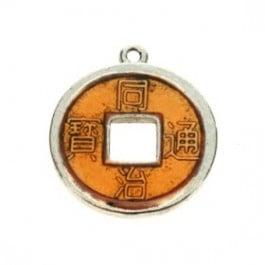 2 x Chinese geluksmunt emaille 20 x 23mm oogje: 1,5mm oranje, Ophalen of Verzenden, Nieuw, Bedel