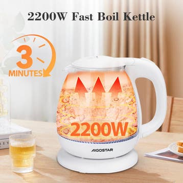 Waterkoker glas - met LED - 1L - 2200W - Wit - Aigostar •, Verzenden, Zo goed als nieuw