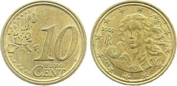Fehlpraegung 10 Cent 2002 Italien, doppelter Randstab nor..., Verzenden
