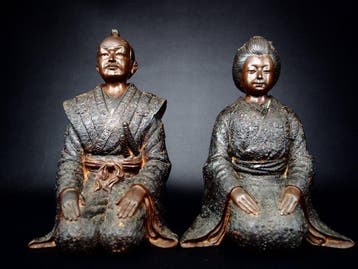 Metaal - Samurai en zijn vrouw in traditionele kimono,