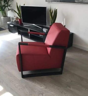 Leren fauteuil met stalen frame - rood leer, Ophalen of Verzenden, Nieuw, Leer