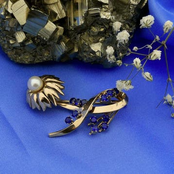 Vintage gouden broche met parel en saffieren, Sieraden, Tassen en Uiterlijk, Broches, Gebruikt, Overige kleuren, Ophalen of Verzenden