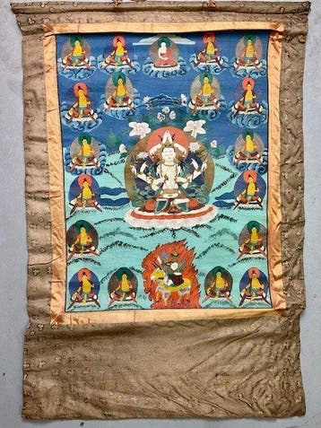 Tibetaanse Thangka - Avalokiteshvara (Chenrezig) omringd, Antiek en Kunst