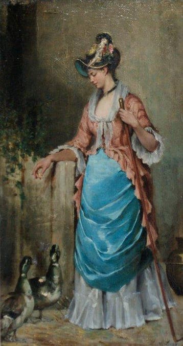 Lucile Doux (1821–1896) - Lady feeding the ducks, Antiek en Kunst