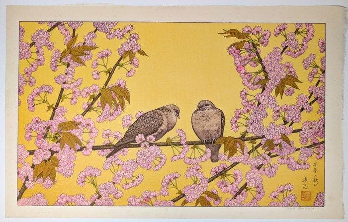 Toshi Yoshida - Vreugde van de vroege lente (Duiven en, Antiek en Kunst, Antiek | Overige Antiek