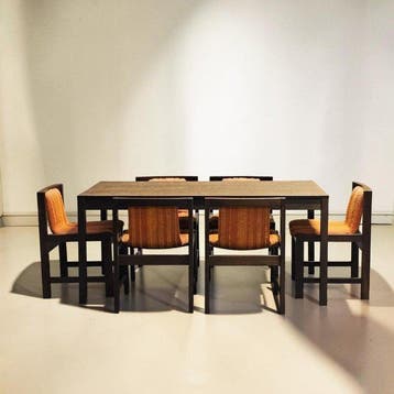 Eettafel - Hout, Textiel - Rechthoekige tafel en zes
