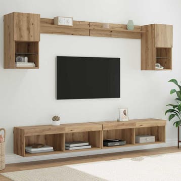vidaXL TV Wand Eenheden met LED 6 st Artisan Eiken Bewerkt, Minder dan 50 cm, Verzenden, Nieuw, Minder dan 100 cm