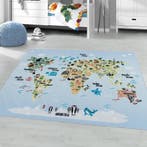 Kindervloerkleed | Play | Wereldkaart | Blauw | 140x200 cm, Verzenden, Nieuw