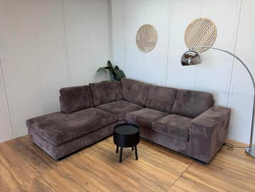 Luxe Bruine Ribstof Hoekbank | Royale Lounge, Gebruikt, Hoekbank, Ophalen of Verzenden, 200 tot 250 cm