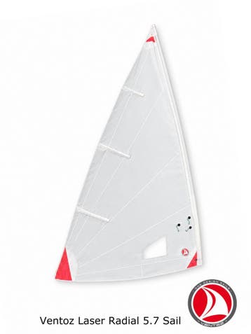 Ventoz Laser Radial Zeil (5.7 m2) - wit met rode hoeken, Verzenden, Nieuw, 3 tot 6 meter, Minder dan 15 m²