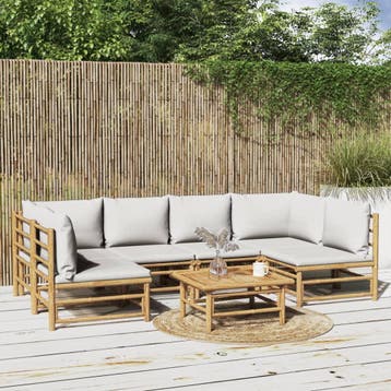 vidaXL 7-delige Loungeset met lichtgrijze kussens bamboe, Verzenden, Nieuw, Hout, Loungeset
